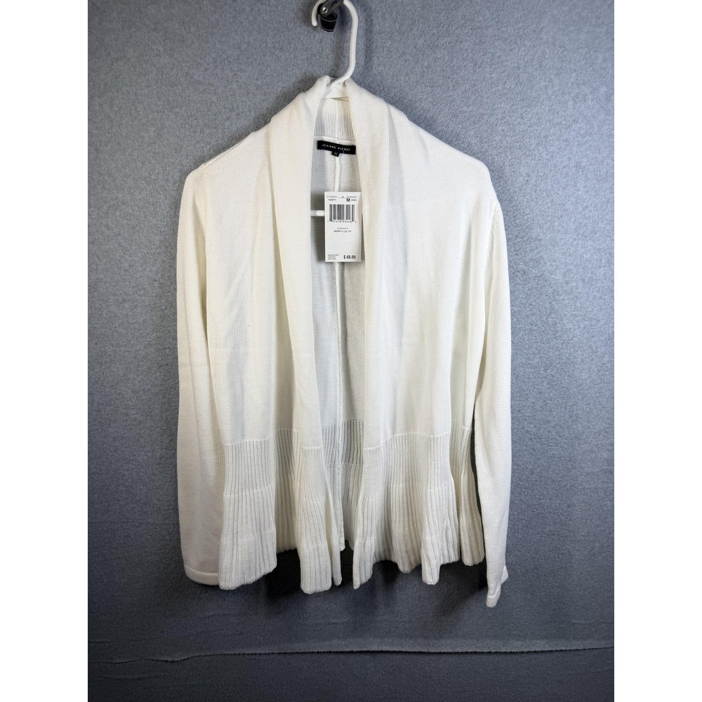 Jeanne Pierre Cardigan Sweater Womens Medium White Open Front Pleated Hem Knit